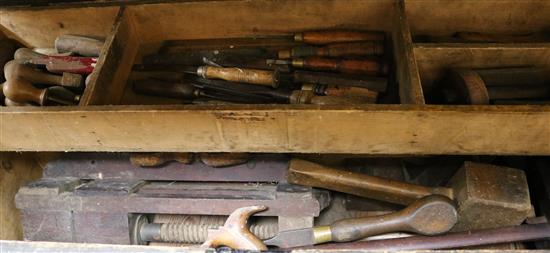 A pine chest filled with carpentry and joinery tools 92cm wide x 33cm high x 43cm depth